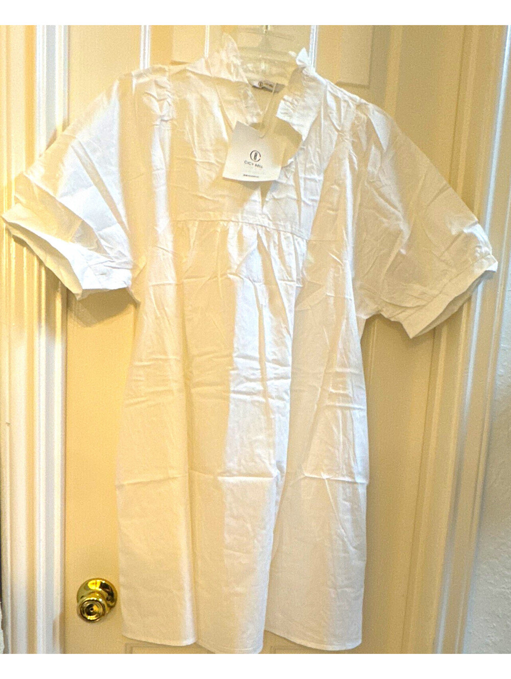 CICY BELL White Cotton Poplin Shirt Dress Collared Button Ruffle Knee S